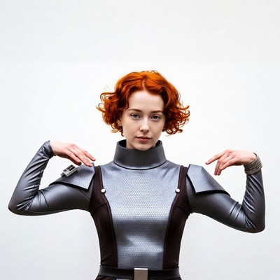 Redhead woman in silver sci-fi armor