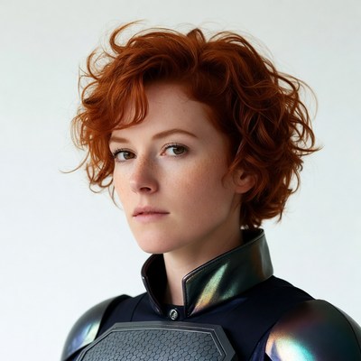 Woman with curly red hair in armor
