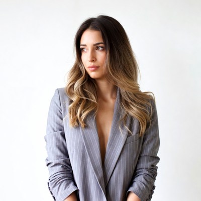 Woman in open gray pinstripe blazer