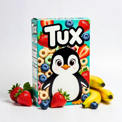 Tux Penguin Cereal Box with Fruits