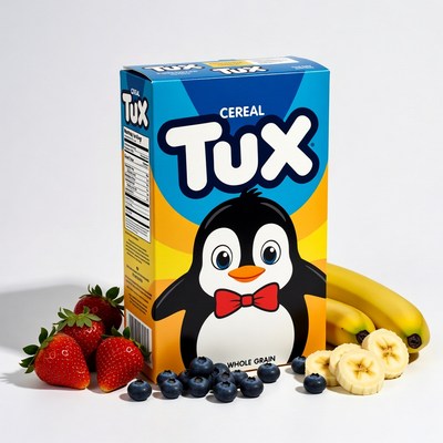 Tux Cereal Box with Penguin and Fruits
