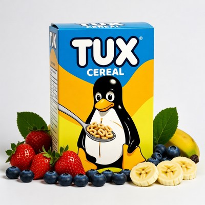 Tux Cereal Box with Penguin and Fruits