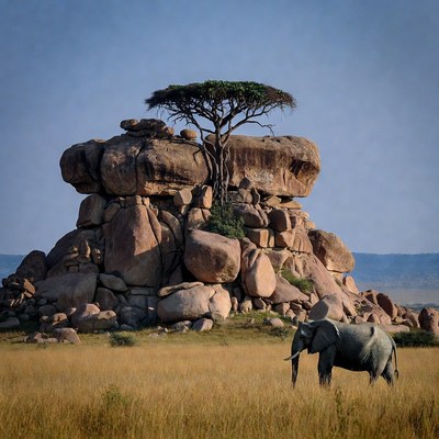 Elephant and Acacia Tree on Rock Formation