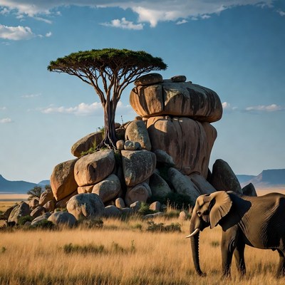 Elephant near baobab tree and rock formation