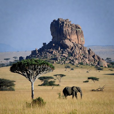 Elephant near rocky outcrop savanna