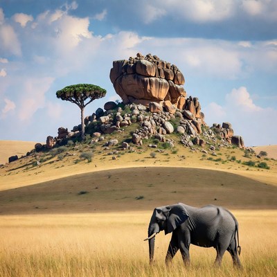 Elephant near rocky hill and baobab tree