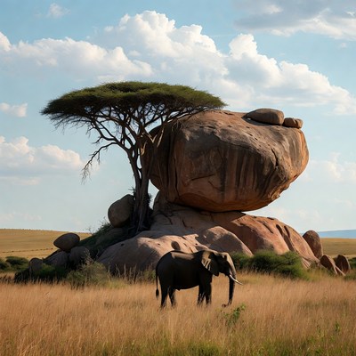 Elephant near acacia tree and rock