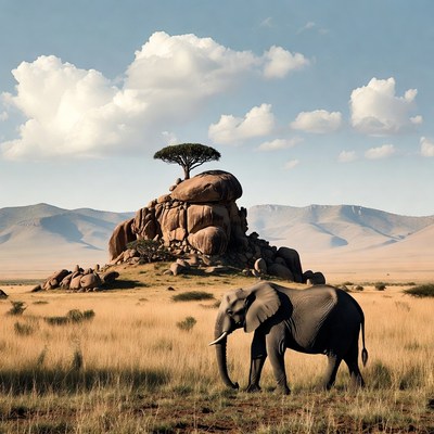 Elephant near baobab tree on savanna rock