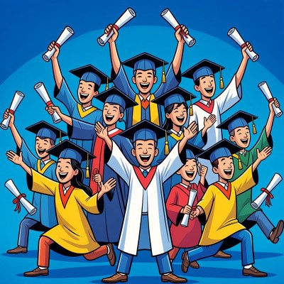 Group of Asian graduates celebrating with diplomas