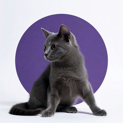Gray kitten on purple circle