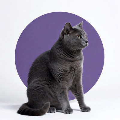 Gray cat on purple circle