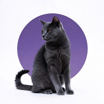 Gray cat sitting on purple circle