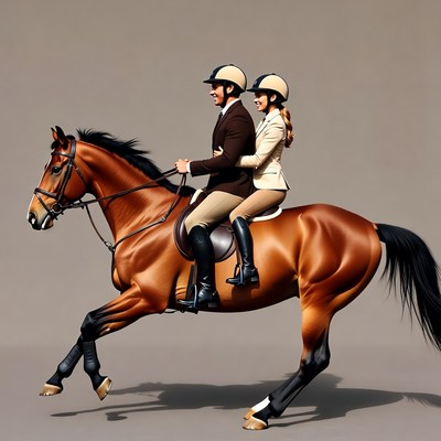 Couple riding brown horse