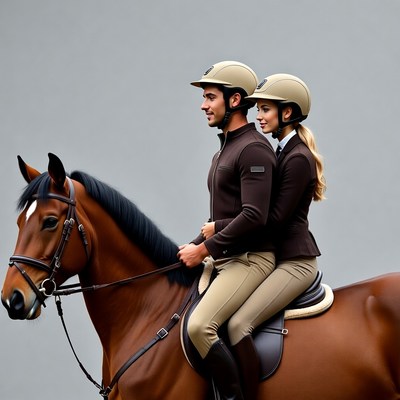 Couple riding brown horse