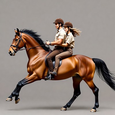 Couple riding brown horse