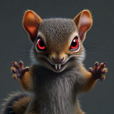 Cute squirrel with red eyes and fangs
