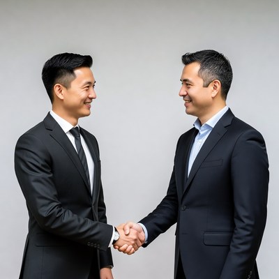 Two Asian men shaking hands in suits