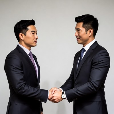 Two Asian men shaking hands