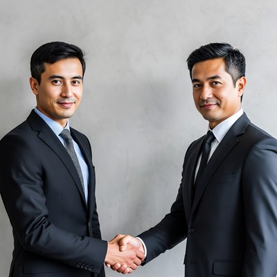 Two Asian men shaking hands in suits