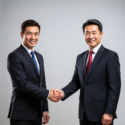 Two Asian men shaking hands in suits