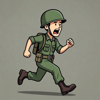 Cartoon Soldier Running with Backpack