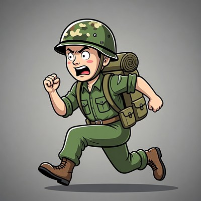 Cartoon soldier running with backpack