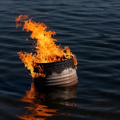 Burning Drum Floating in Water
