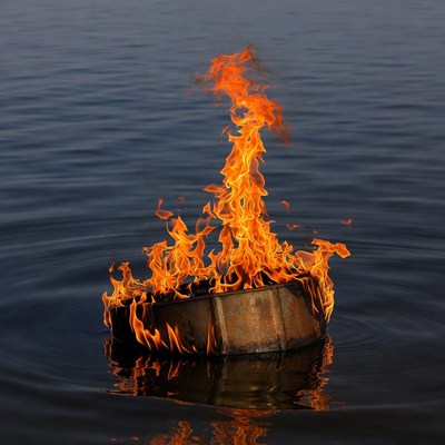 Burning Barrel Floating in Water