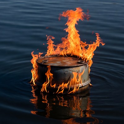 Burning Drum Floating on Water
