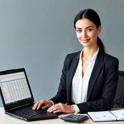 Woman working on laptop with calculator