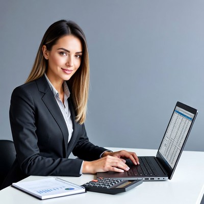 Woman working on laptop with calculator