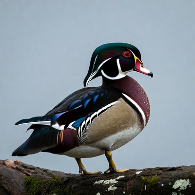 Wood duck standing on mossy log