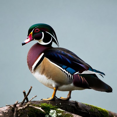 Wood Duck standing on mossy branch