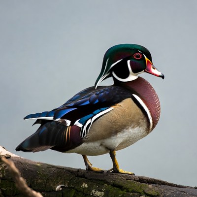 Wood duck standing on log