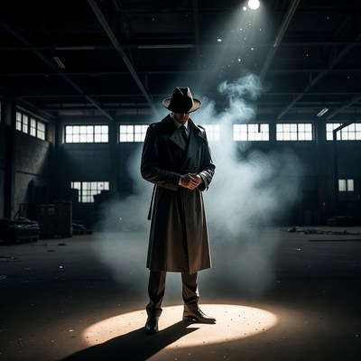 Man in trench coat and fedora in spotlight