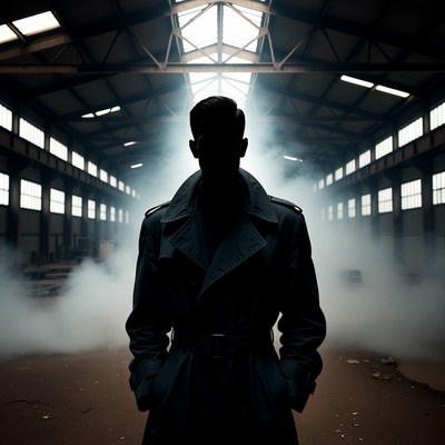 Silhouetted man in trench coat factory