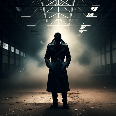 Man in trench coat in foggy warehouse
