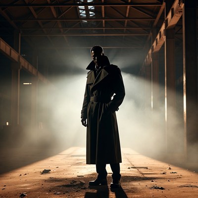 Man in trench coat in foggy warehouse
