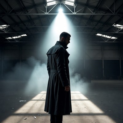 Man in trench coat in foggy warehouse
