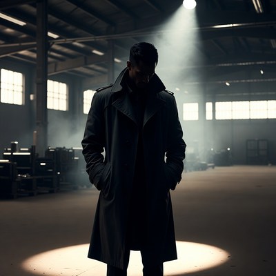 Man in trench coat in spotlight