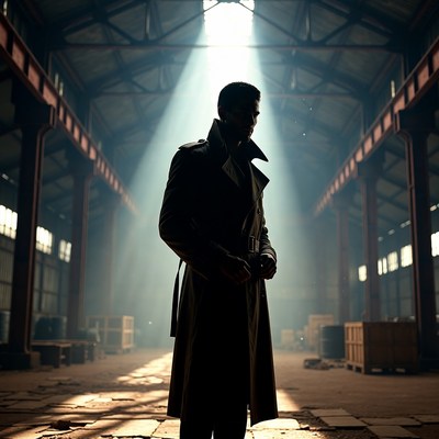 Man in trench coat in warehouse