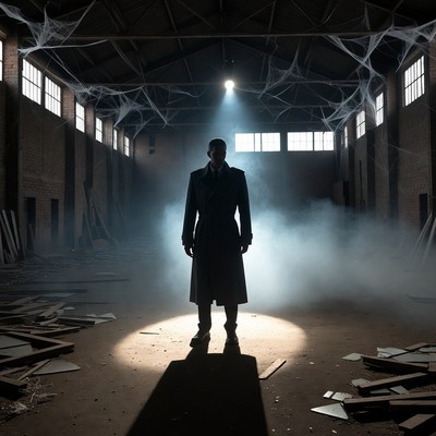 Silhouetted man in spotlight in abandoned warehouse