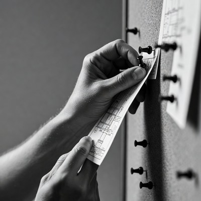 Man pinning blueprint to bulletin board