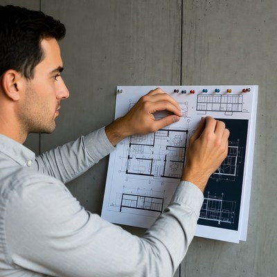 Man pinning blueprints to wall