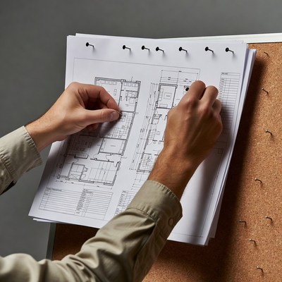 Man pinning blueprints to corkboard