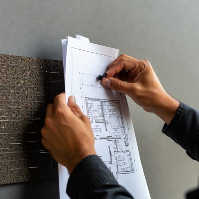 Man pinning blueprint to board