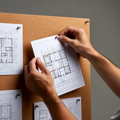 Man pinning house blueprints on corkboard