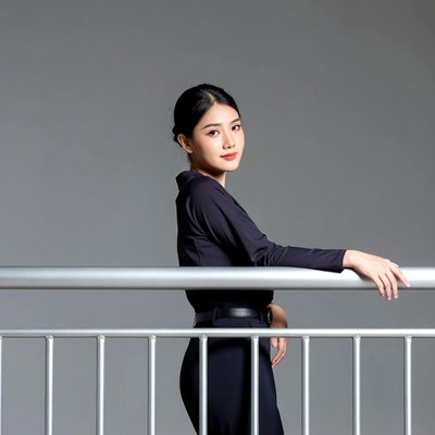 Asian woman leaning on railing