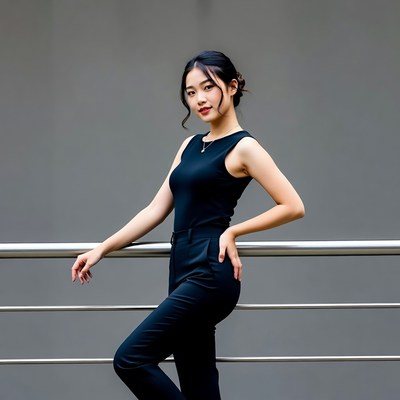 Asian woman posing by railing
