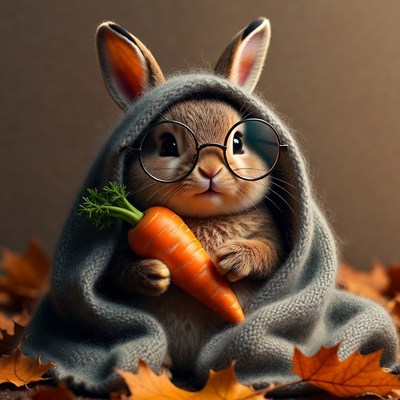 Cute bunny holding carrot in glasses
